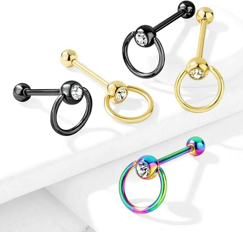 Clear Gem with Slave Ring PVD over 316L Surgical Steel Barbell Tongue Rings