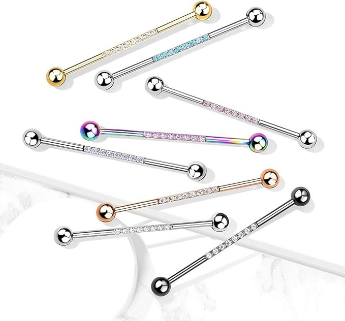 316L Surgical Steel Industrial Barbell with CNC SetLined CZ on Bar