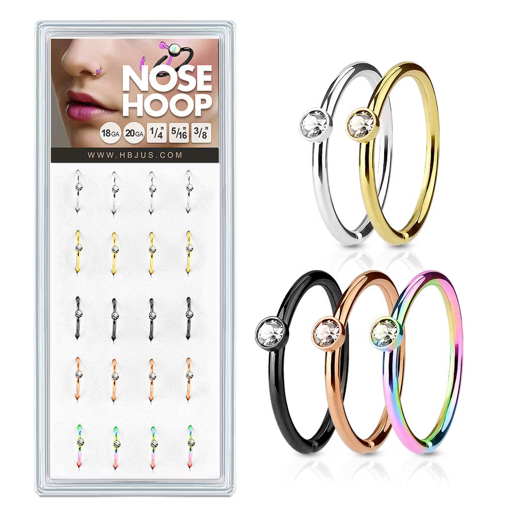 Clear Stone Set IP Over316L Surgical Steel Nose Hoop Rings