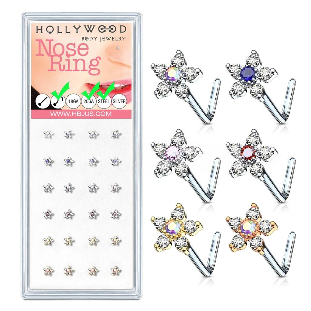 6 CZ Flower Top "L" Bend 20 Gauge 316L Surgical Steel Nose Bone