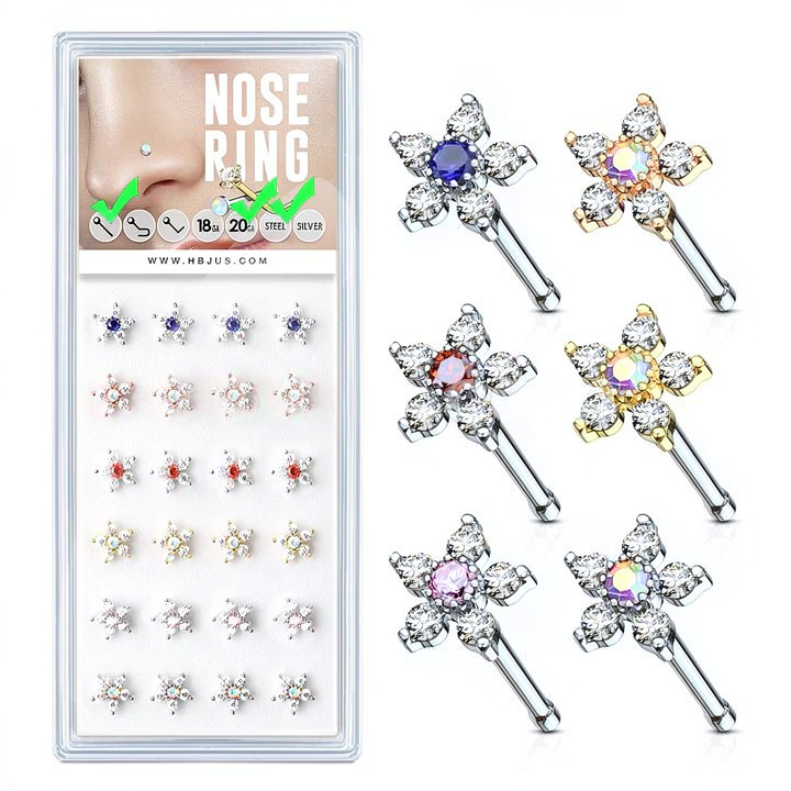 6 CZ Flowers 20 Gauge 316L Surgical Steel Nose Stud Rings Pack ( x)