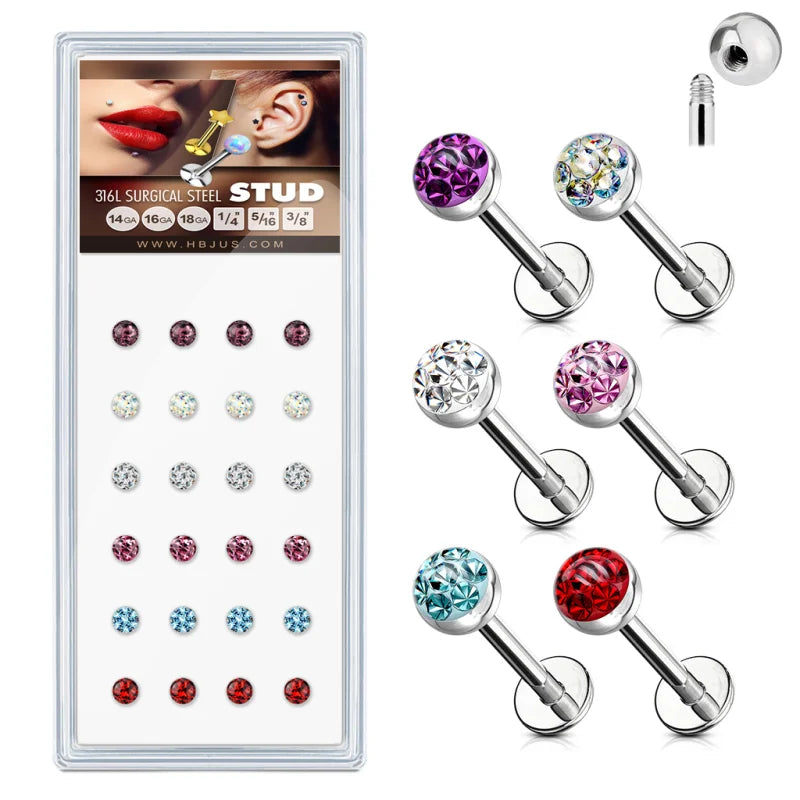 Paved Crystals Top 316L Surgical Steel Stud Pack for Labret, Lip, Monroe and Ear Cartilage