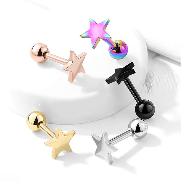 Flat Star Top 316L Surgical Steel Cartilage, Tragus Barbell Studs