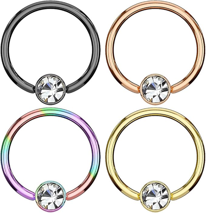 Crystal Set Round Flat Cylinder Captive Rings PVD Over 316L Surgical Steel
