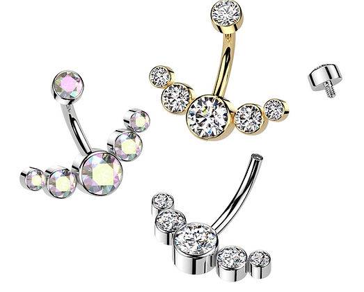 Implant Grade Titanium Internally Threaded CZ Bezel Set Top With 5-CZ Curved Line Belly Button Ring