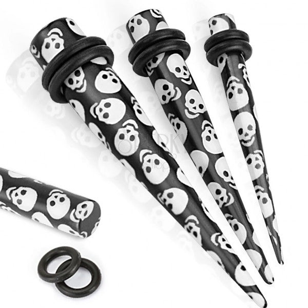 Acrylic Skull Print Tapers With O-Rings (, 8GA ~ 00GA)