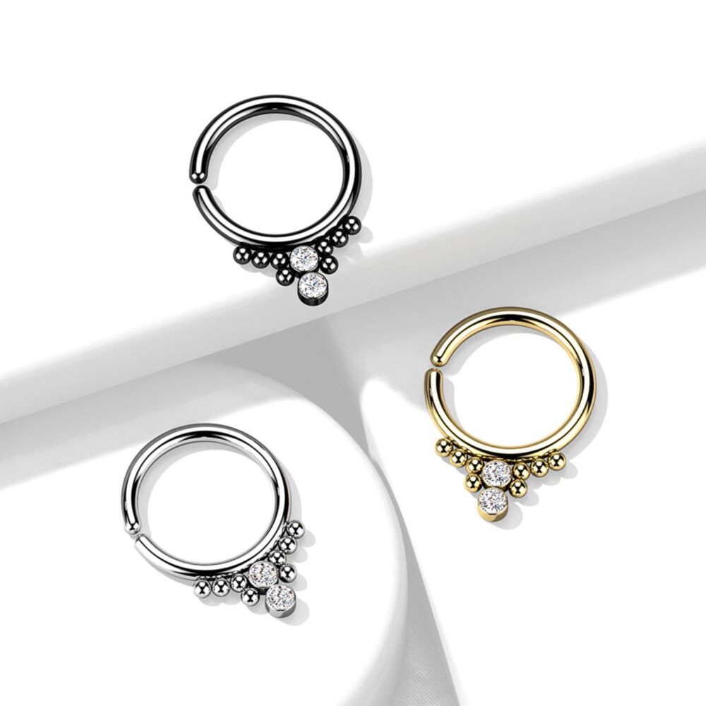 All 316L Surgical Steel Bendable Hoop Ring With 2 Round CZ Flat Balls and Cluster Beads