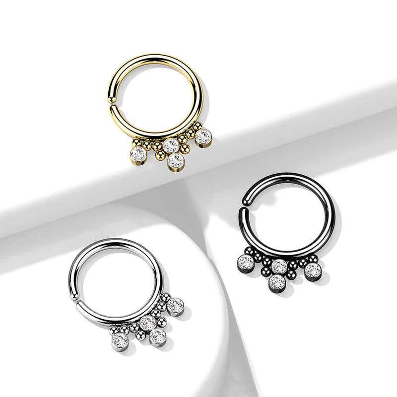 All 316L Surgical Steel Bendable Hoop Ring With 4 Round CZ Flat Balls and Clustered Beads