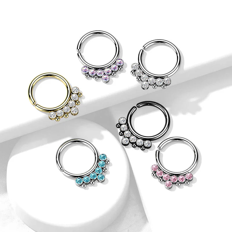 All 316L Surgical Steel Bendable Hoop Ring With 7 Round CZ Flat Balls and Bead