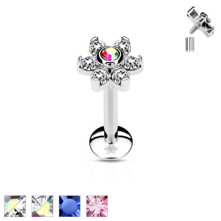 All 316L Surgical Steel Internally Threaded 6-Gem Flower Top...
