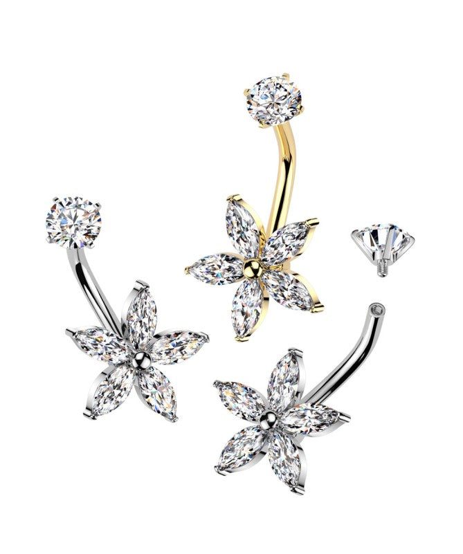 All 316L Surgical Steel Internally Threaded Marquise CZ Flower Belly...
