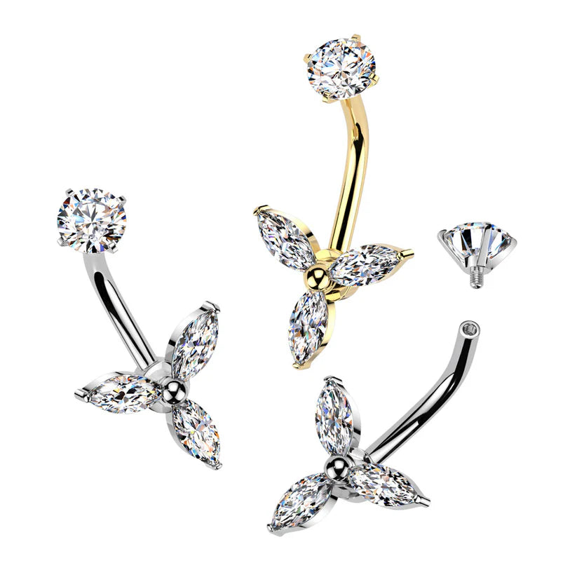 All 316L Surgical Steel Internally Threaded Marquise CZ Trinity Belly...