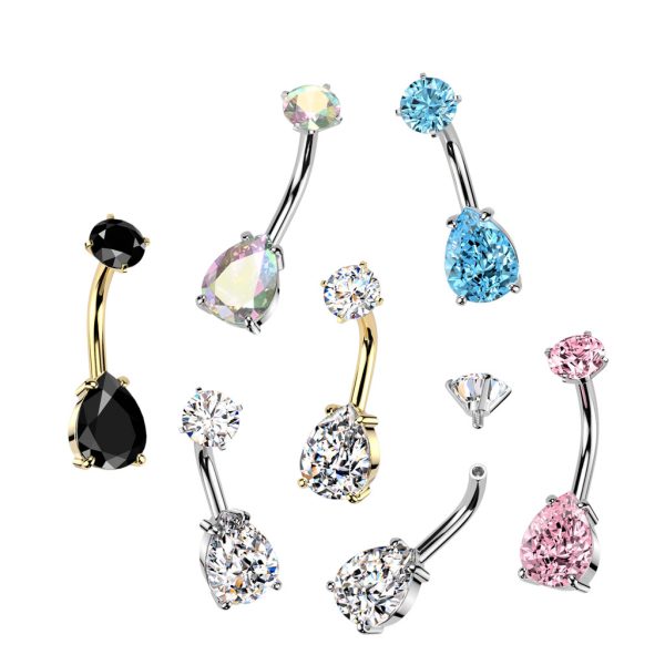 All 316L Surgical Steel Internally Threaded Prong Set Teardrop CZ Belly...