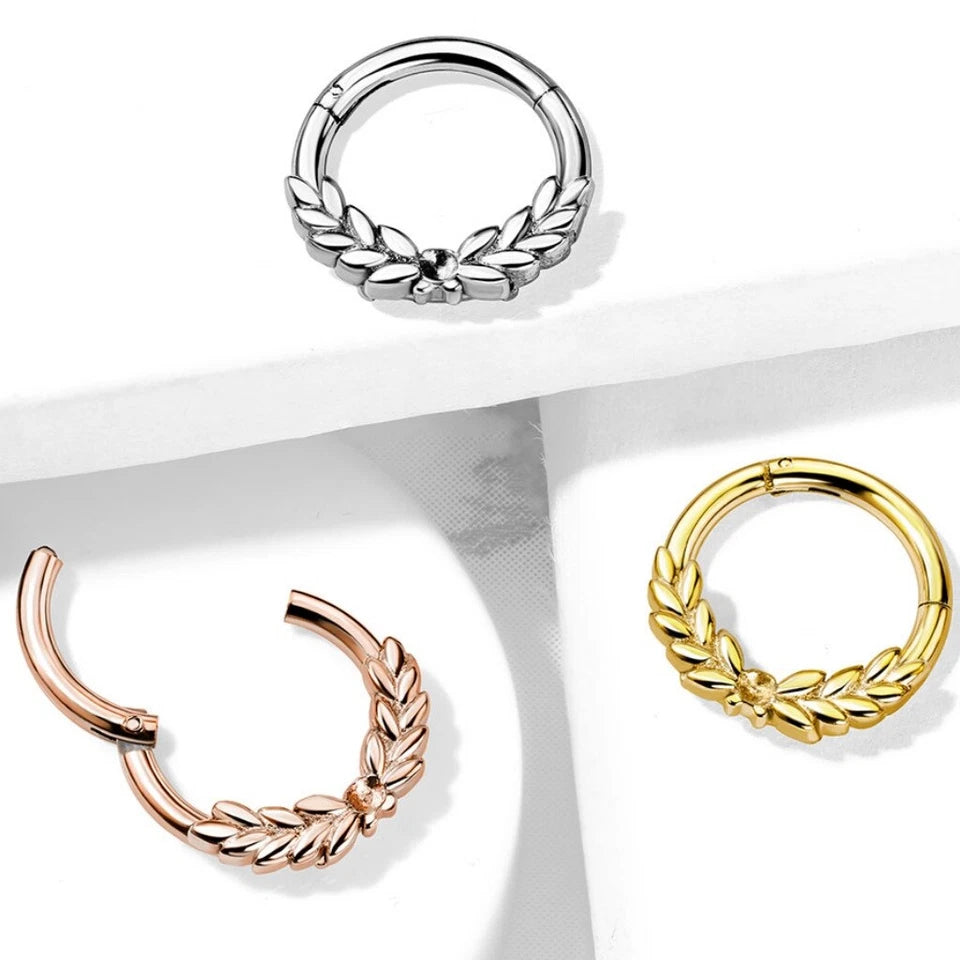 All 316L Surgical Steel Laurel Leaves Front Hinged Hoop Rings