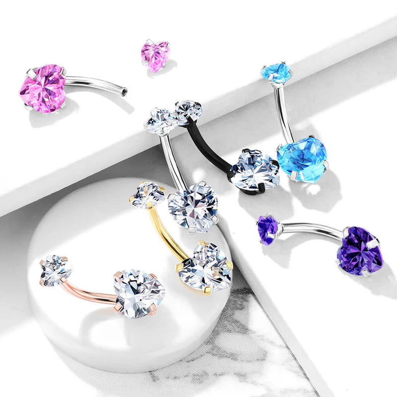 All 316L Surgical Steel Prong Set CZ Internal Thread Top Double Heart...