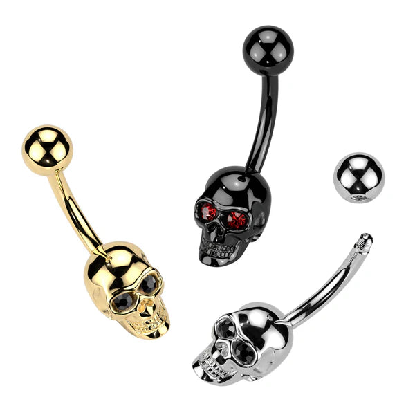 All 316L Surgical Steel Skull Belly Button Ring With Gem Eyes