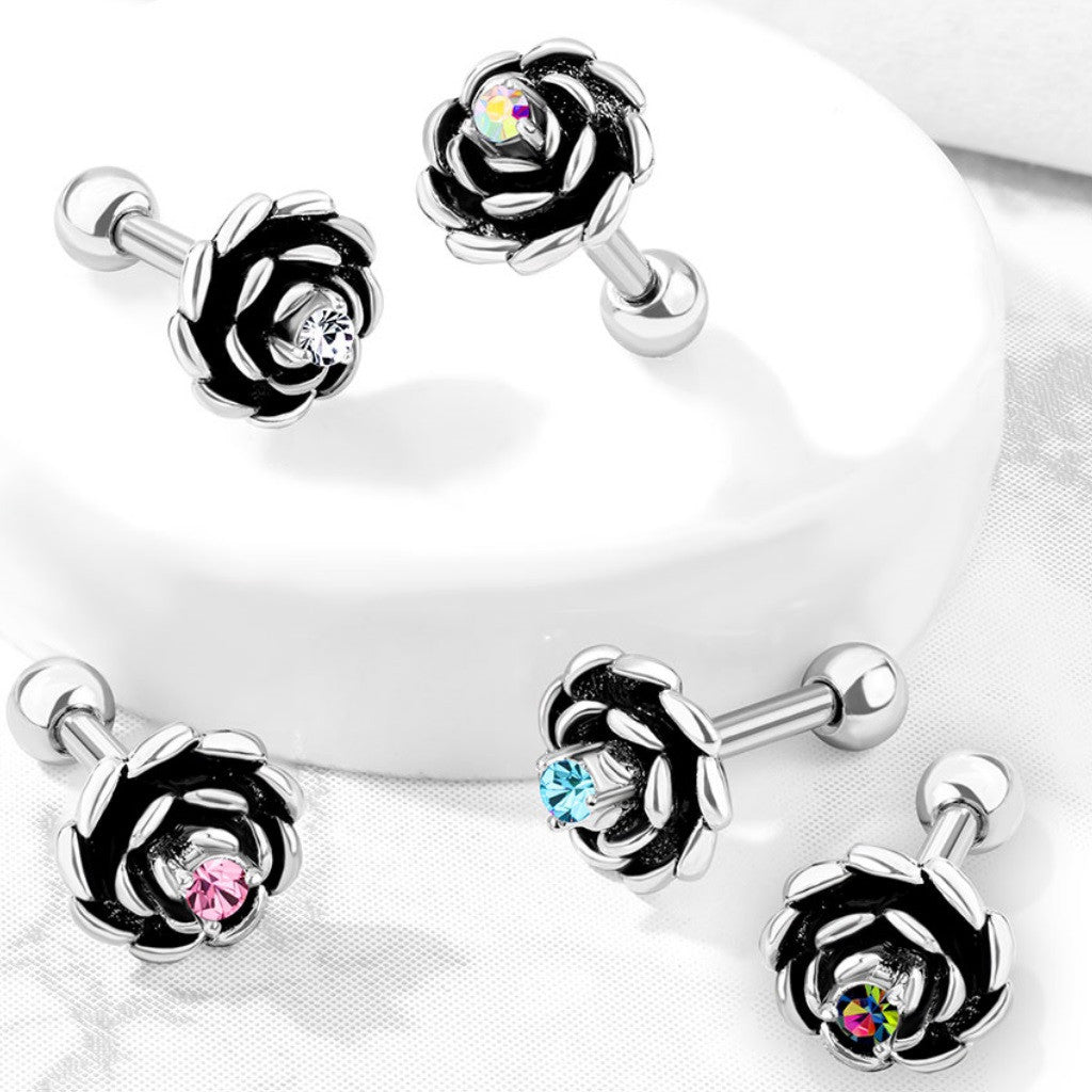 Antique Silver Plated Flower with Prong Set CZ Center 316L Surgical...