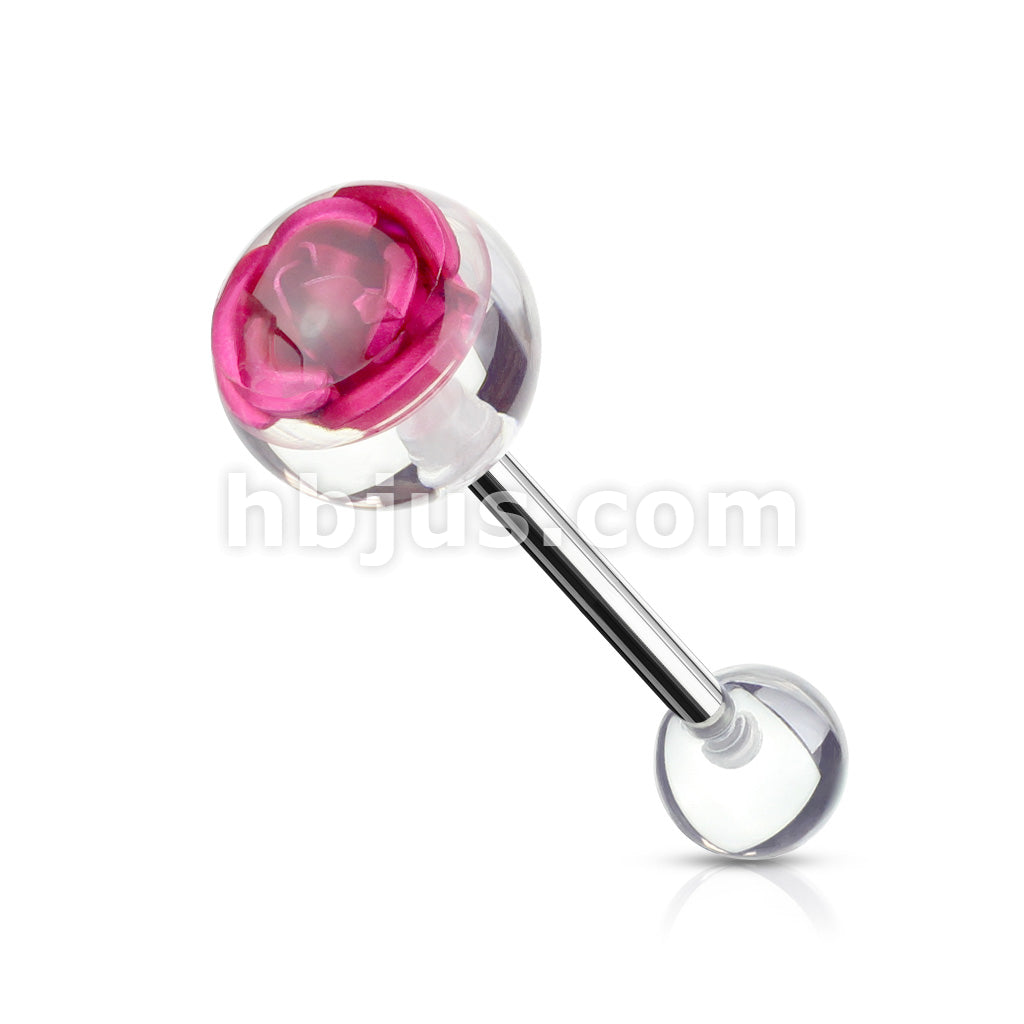 Metal Rose Embedded in Clear Ball Top 316L Surgical Steel Barbell - Image 3