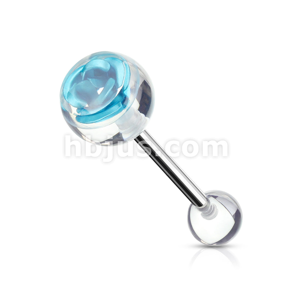 Metal Rose Embedded in Clear Ball Top 316L Surgical Steel Barbell - Image 4