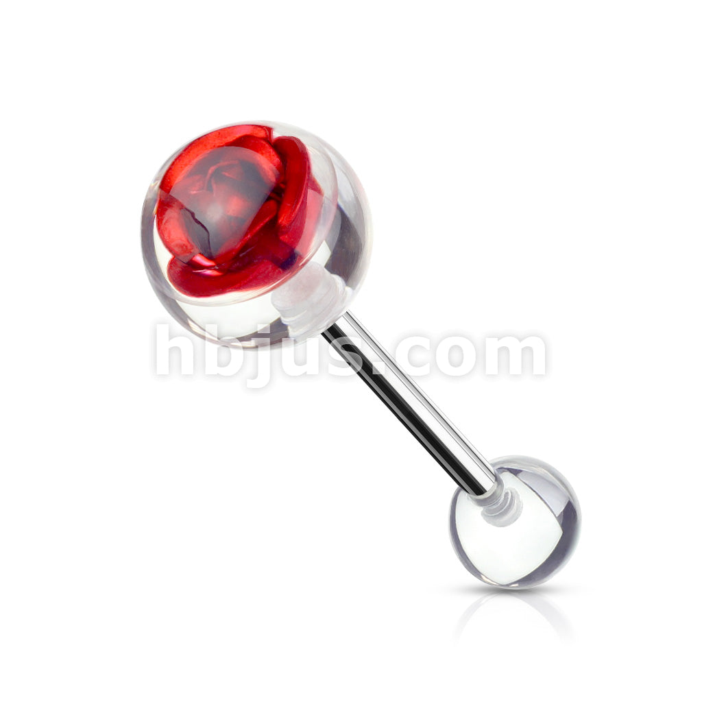 Metal Rose Embedded in Clear Ball Top 316L Surgical Steel Barbell - Image 5