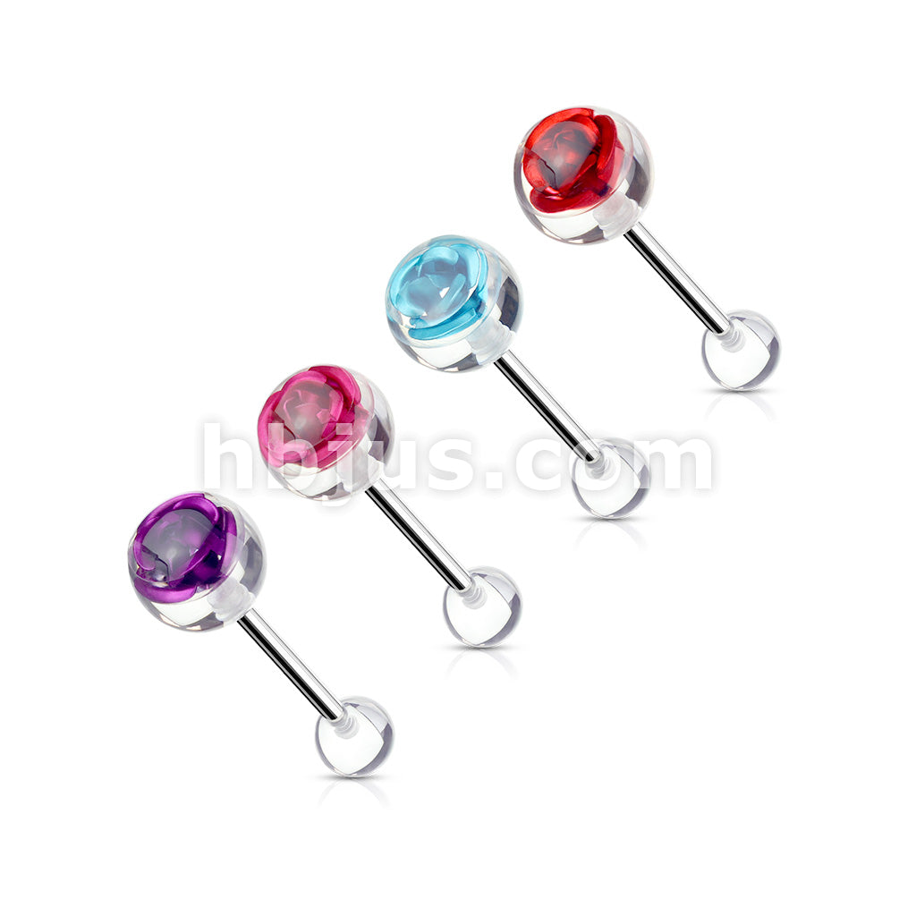 Metal Rose Embedded in Clear Ball Top 316L Surgical Steel Barbell - Image 7