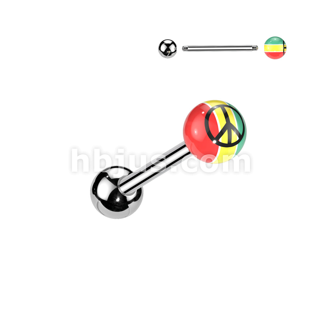 Rasta Acrylic Colored Ball W/ Peace Sign Print 316L Surgical Steel Barbell - Image 2