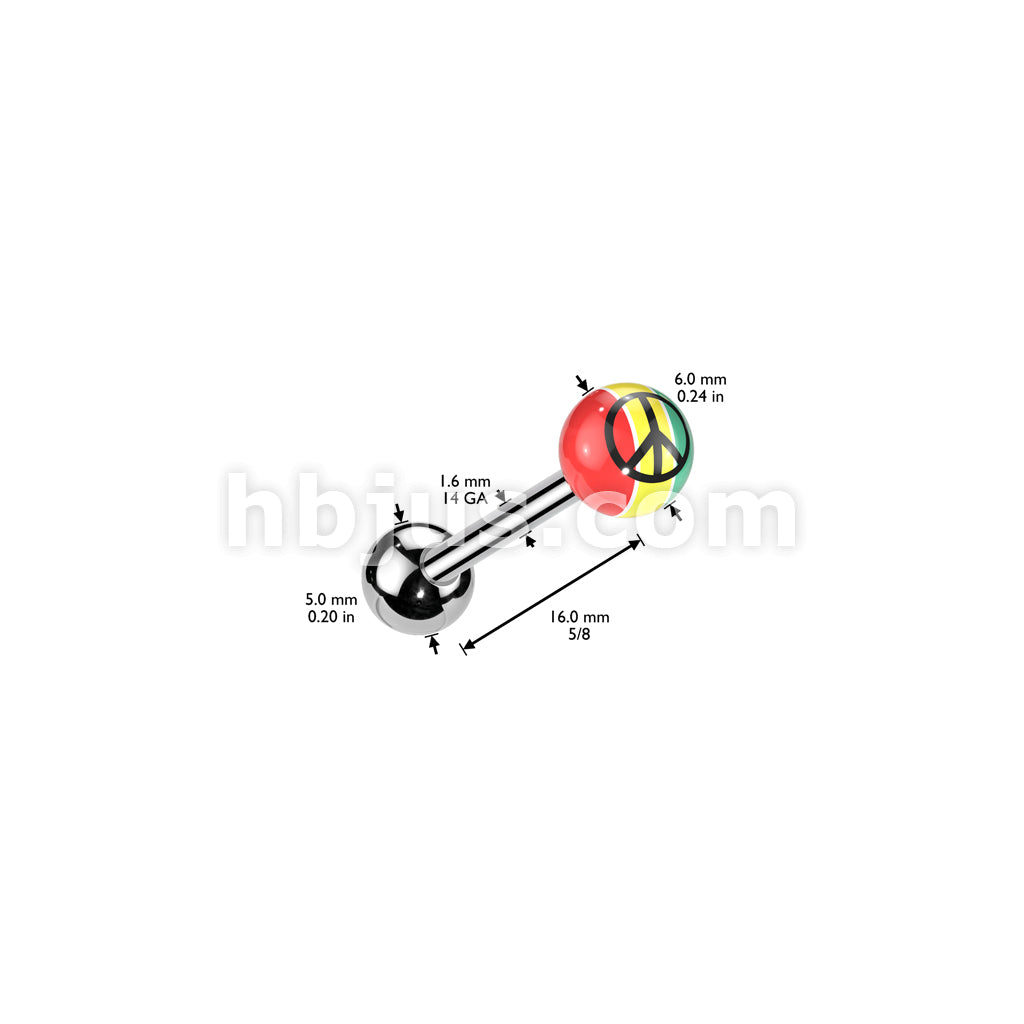 Rasta Acrylic Colored Ball W/ Peace Sign Print 316L Surgical Steel Barbell - Image 3