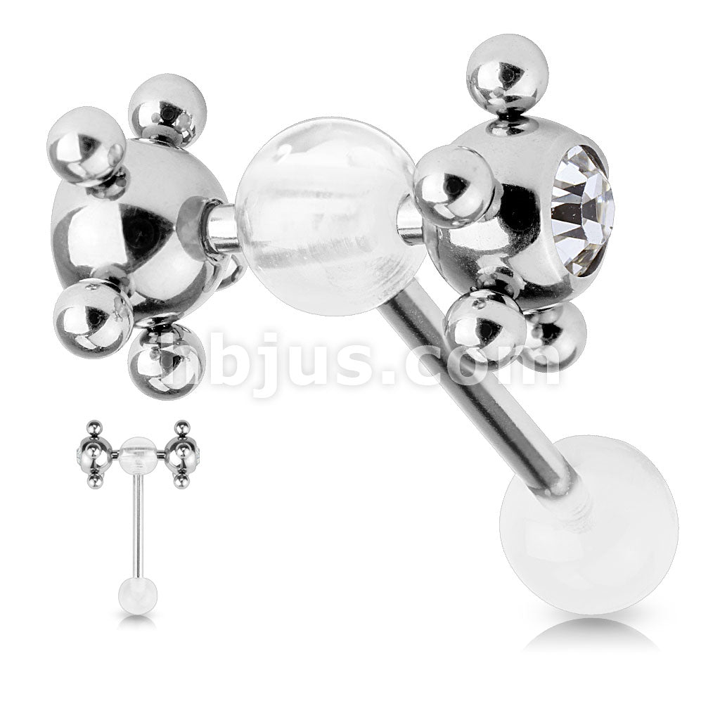 Barbell w/ Acrylic Ball & Clear Gem Set Multi Steel Ball - Image 4