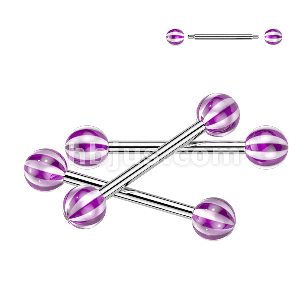 24 Pc Assorted Pack of 316L Surgical Steel Barbells With Candy Striped Acrylic Balls - Image 2