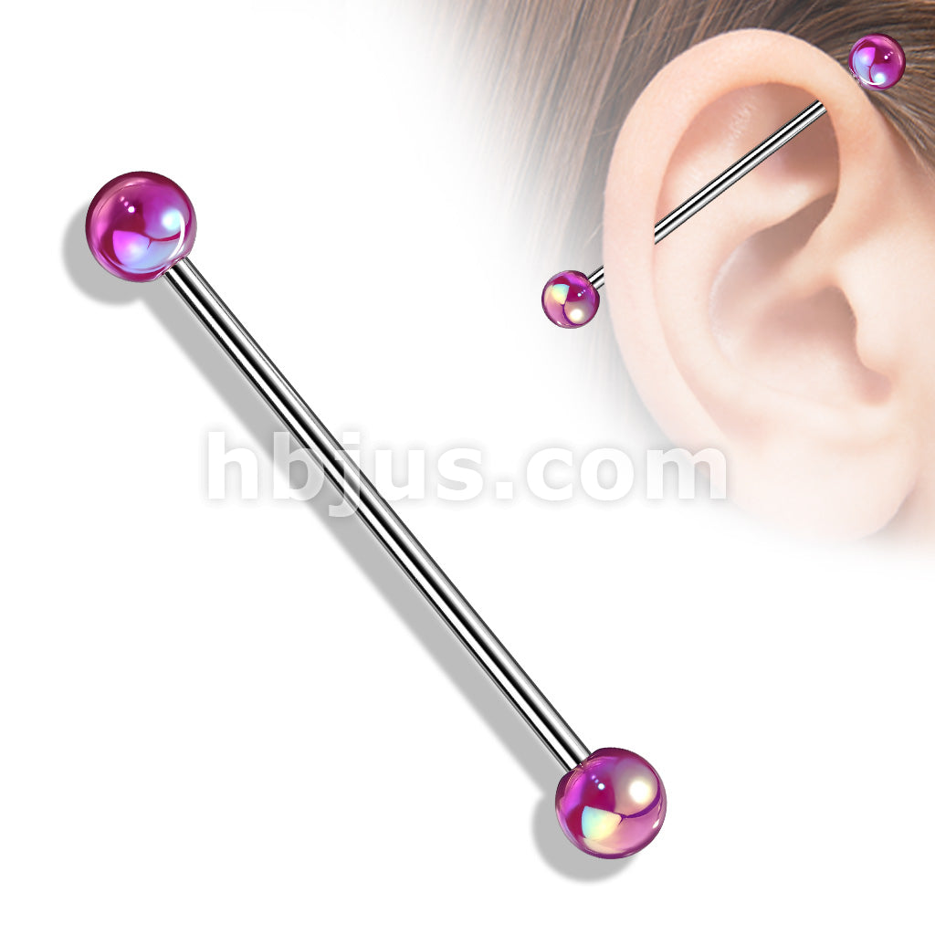 316L Surgical Steel Industrial Barbell with Metallic Coated Acrylic Ball - Image 2