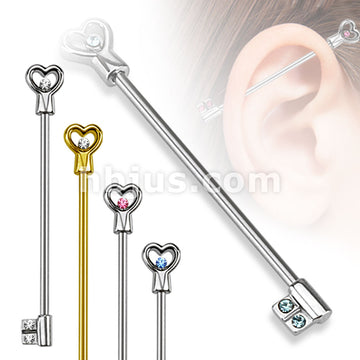 316L Surgical Steel Heart Key with CZs Industrial Barbell