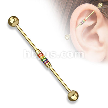 Rainbow Striped Center 316L Surgical Steel Industrial Barbells - Image 2