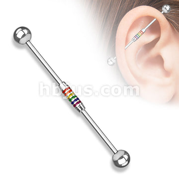 Rainbow Striped Center 316L Surgical Steel Industrial Barbells - Image 3