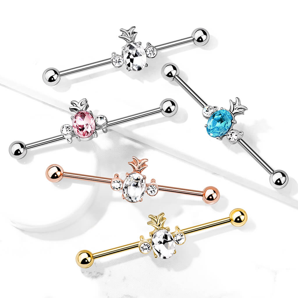 316L Surgical Steel Oval Crystal Set Pineapple with Double Round...