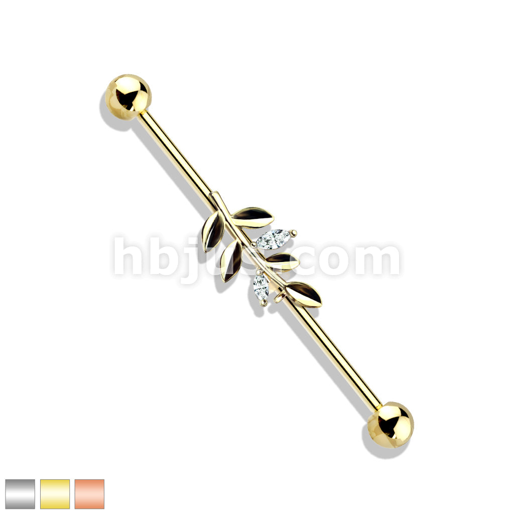 316L Surgical Steel CZ Set Leaf 316L Surgical Steel Industrial Barbells - Image 2