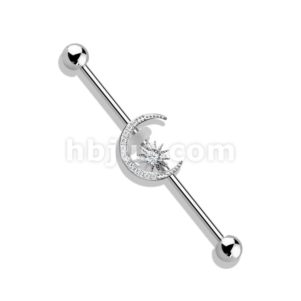 316L Surgical Steel CZ Paved Moon with CZ Center Star 316L Surgical... - Image 3