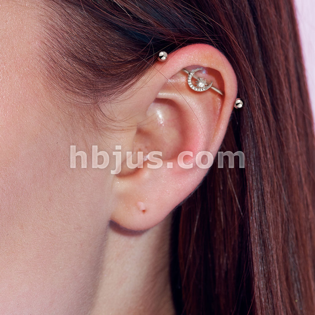 316L Surgical Steel CZ Paved Moon with CZ Center Star 316L Surgical... - Image 8