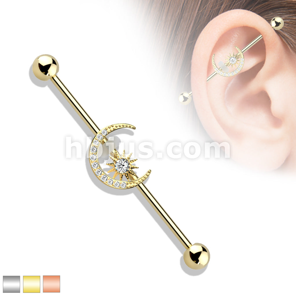 316L Surgical Steel CZ Paved Moon with CZ Center Star 316L Surgical... - Image 2