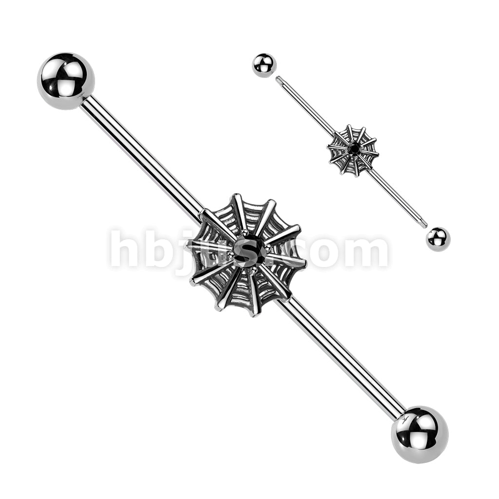 316L Surgical Steel 316L Industrial Barbell With Spiderweb and CZ Center - Image 2