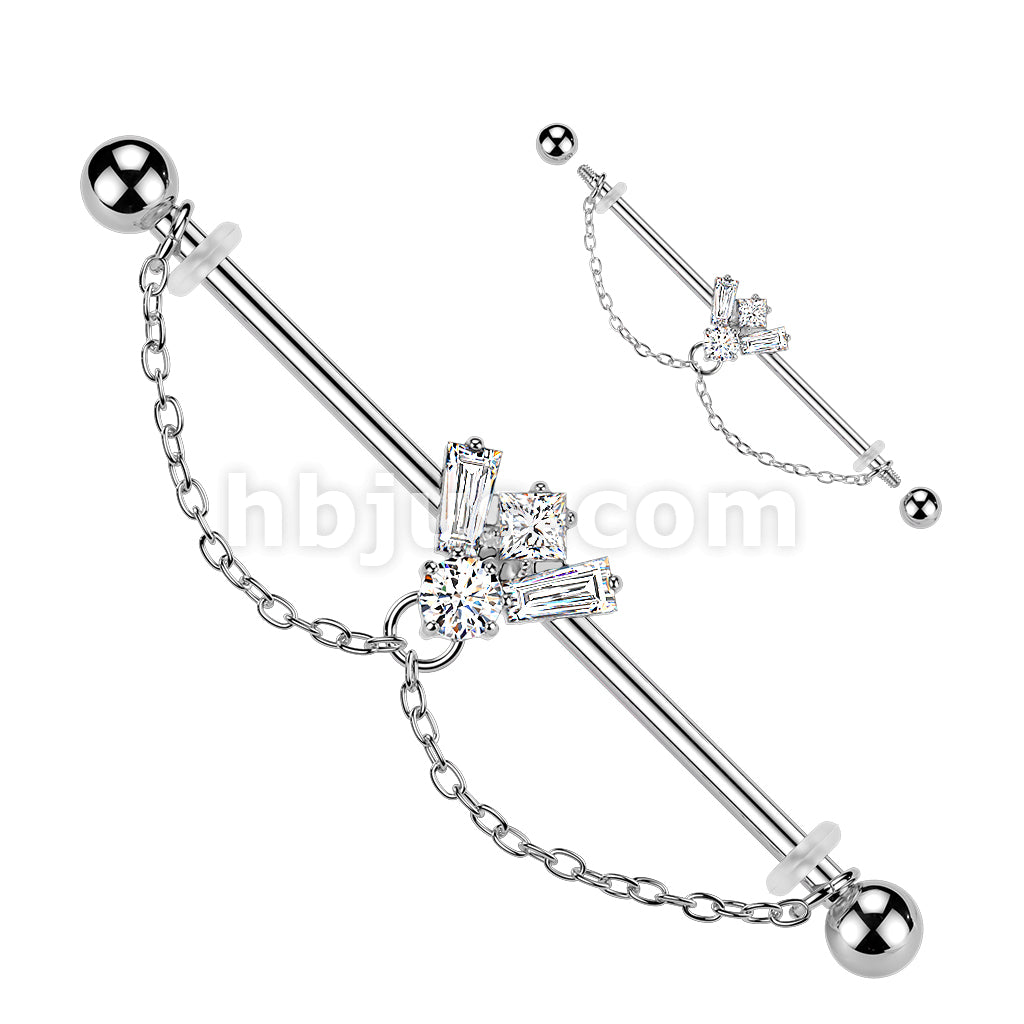 316L Surgical Steel 316L CZ Bee Industrial Barbell With Double Chain Dangle - Image 2