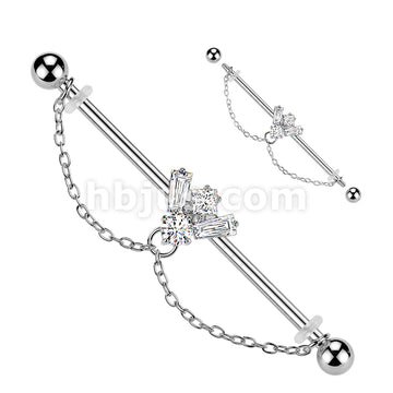 316L Surgical Steel 316L CZ Bee Industrial Barbell With Double Chain Dangle - Image 2