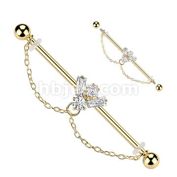316L Surgical Steel 316L CZ Bee Industrial Barbell With Double Chain Dangle - Image 3