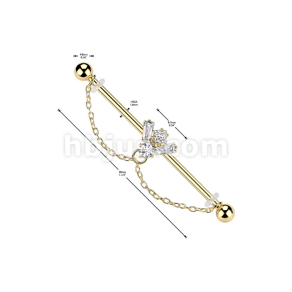 316L Surgical Steel 316L CZ Bee Industrial Barbell With Double Chain Dangle - Image 4