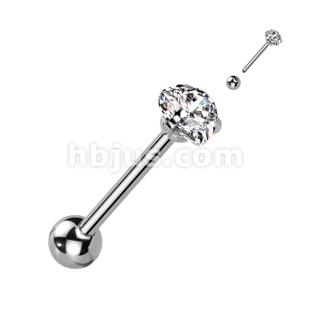 Prong Set Hear CZ 316L Surgical Steel Barbell Tongue Rings - Image 3