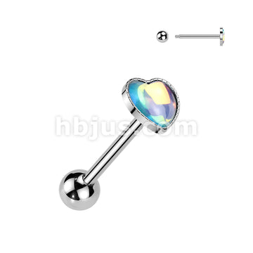 316L Surgical Steel 316L Iridescent Stone Heart Barbell Tongue Ring - Image 2