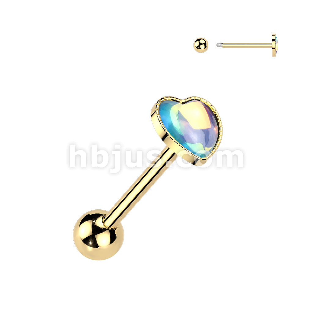 316L Surgical Steel 316L Iridescent Stone Heart Barbell Tongue Ring - Image 3