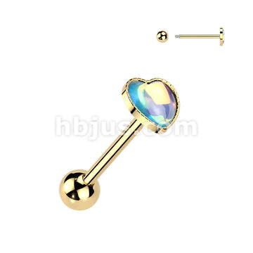 316L Surgical Steel 316L Iridescent Stone Heart Barbell Tongue Ring - Image 3