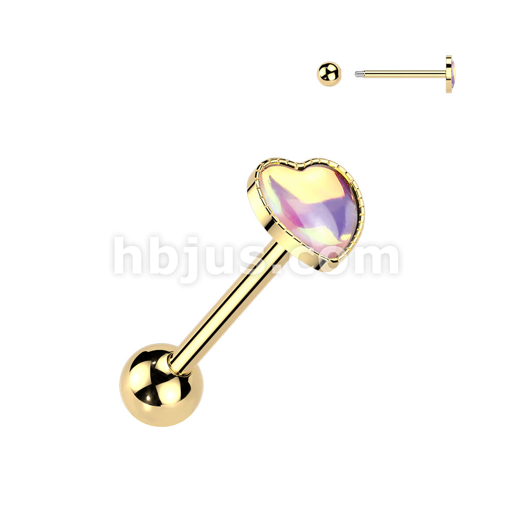 316L Surgical Steel 316L Iridescent Stone Heart Barbell Tongue Ring - Image 4