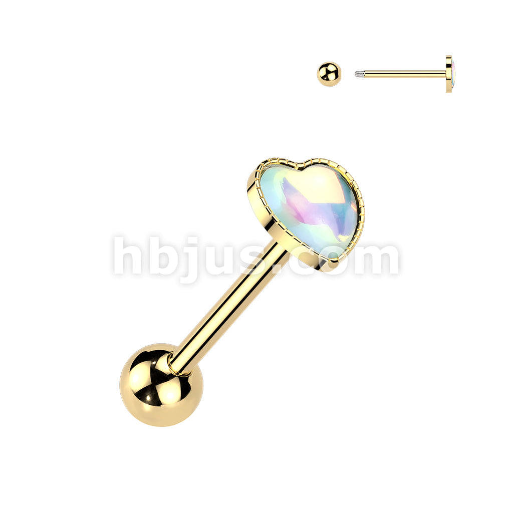 316L Surgical Steel 316L Iridescent Stone Heart Barbell Tongue Ring - Image 5