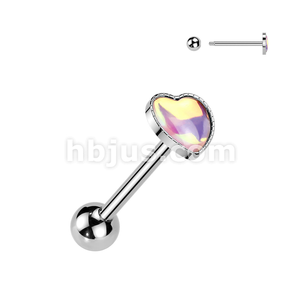 316L Surgical Steel 316L Iridescent Stone Heart Barbell Tongue Ring - Image 6